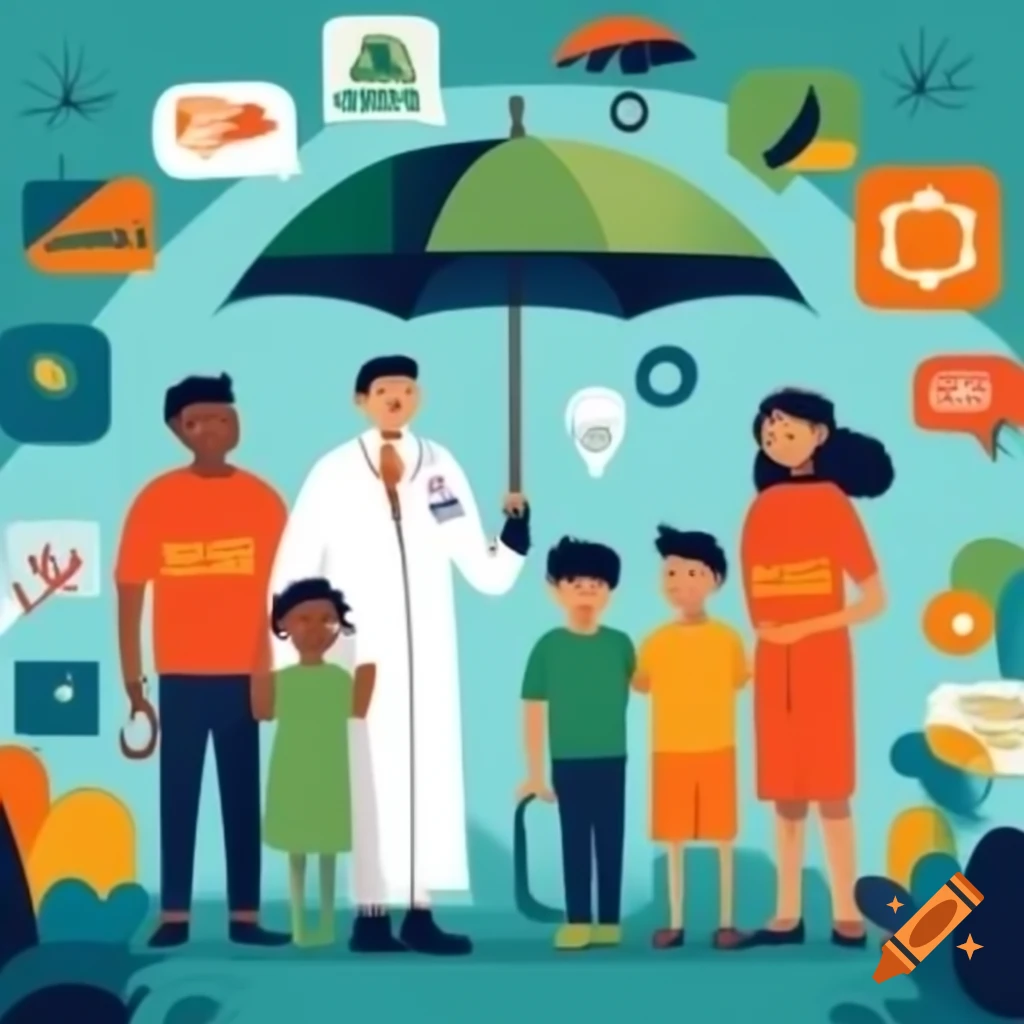 Diverse family standing under protective umbrella symbolizing life