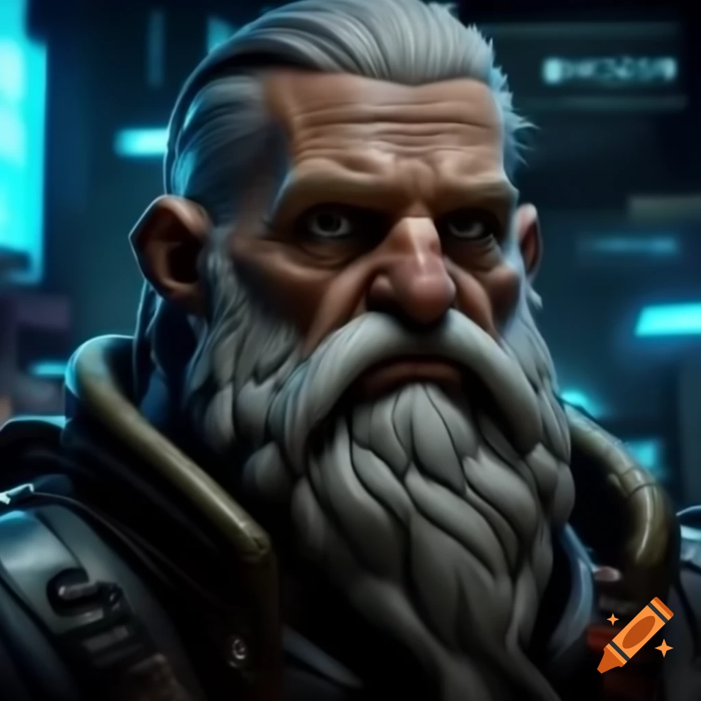 Cyberpunk depiction of an old soldier with a beard