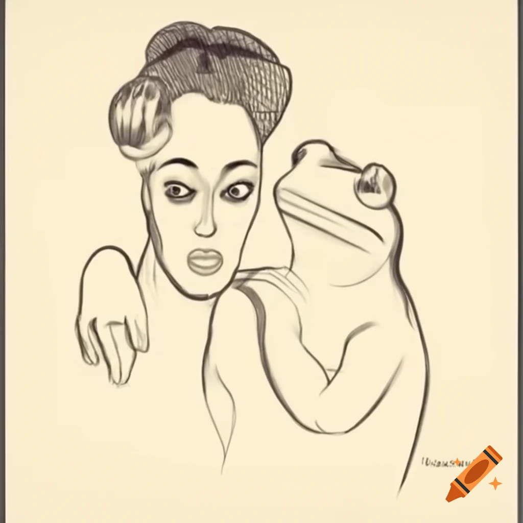 Vintage oil painting of frog and woman kissing in Egon Schiele style