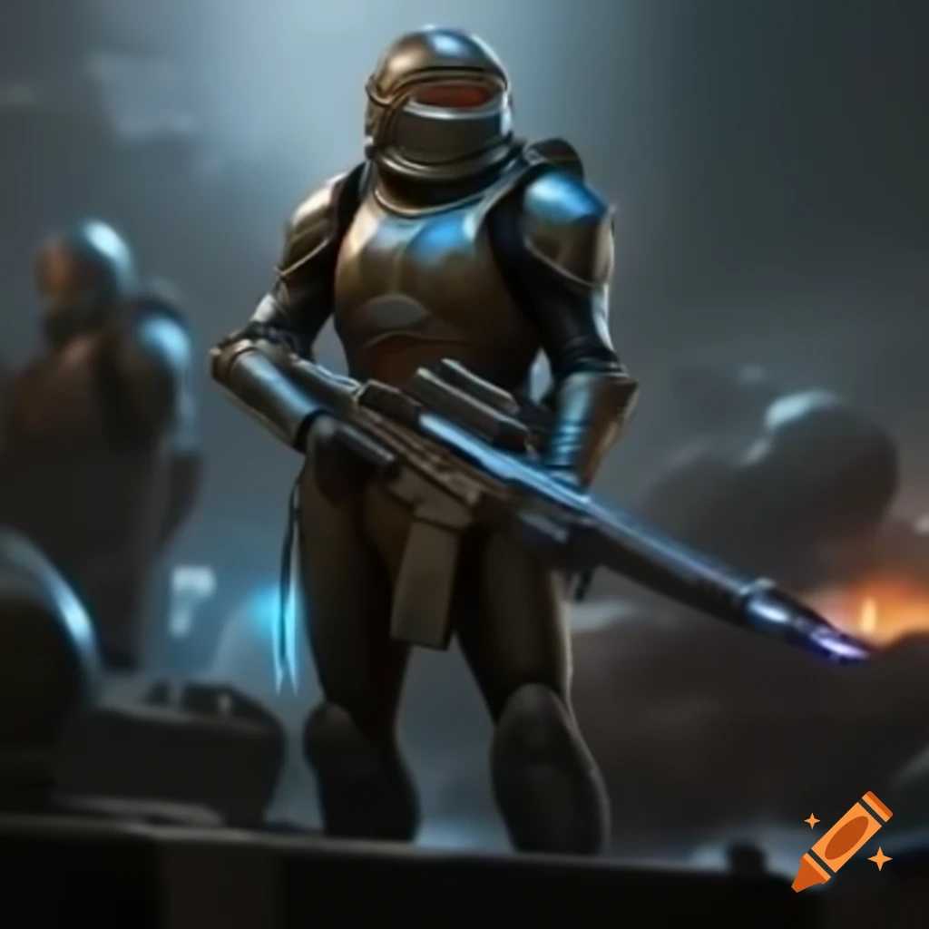 Slender warrior in armor with laser rifle in futuristic battlefield