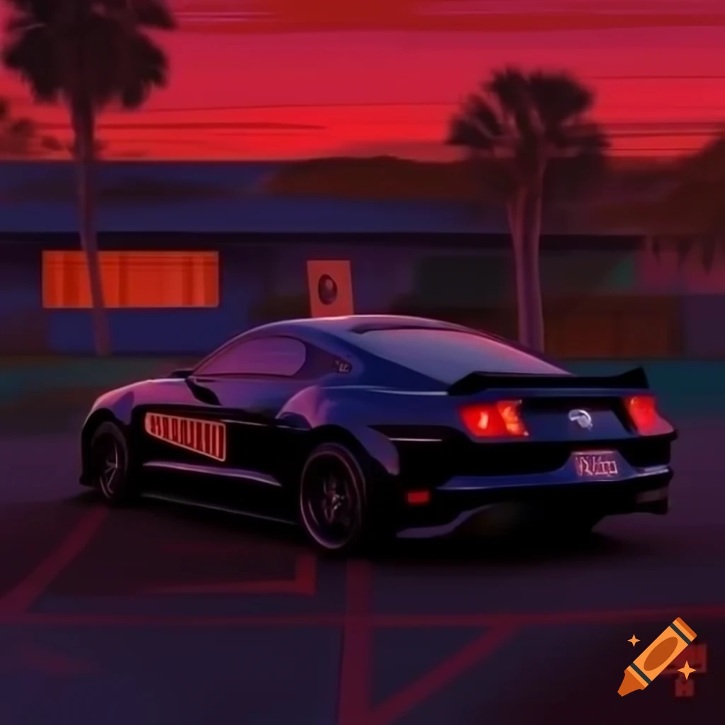 Sunset over horizon with foxbody mustang parked in foreground song
