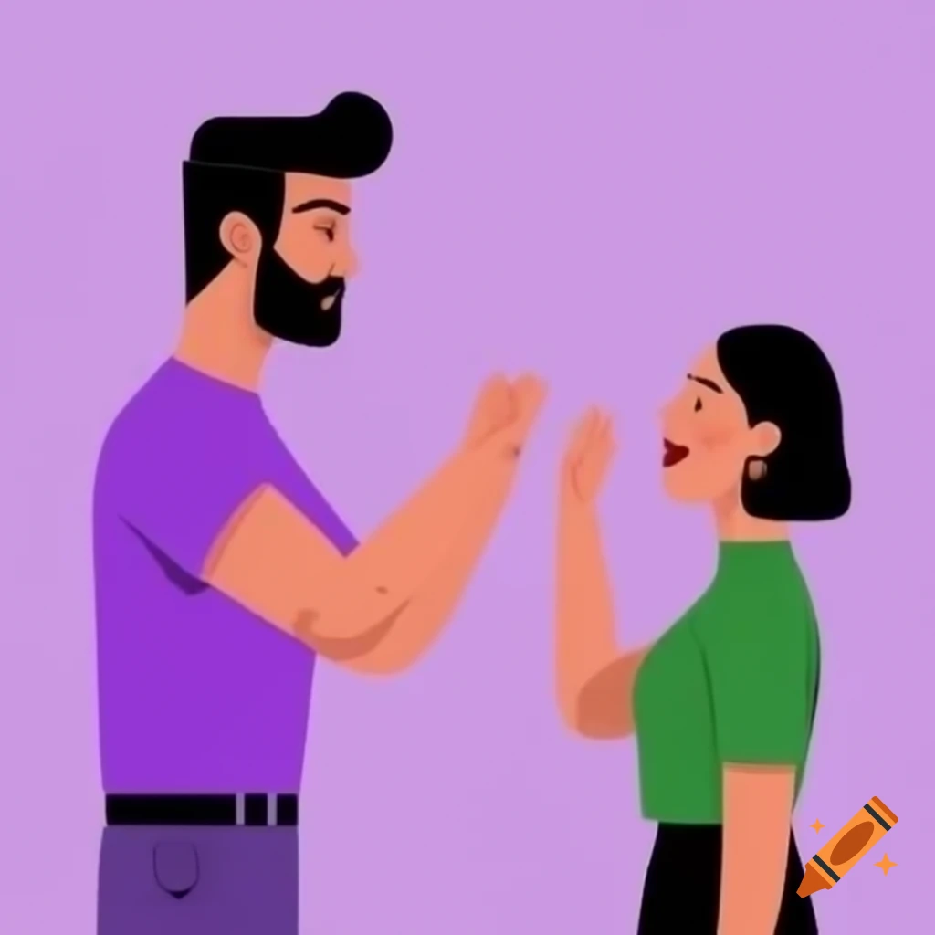 Man in purple shirt and woman in green shirt giving a high-five