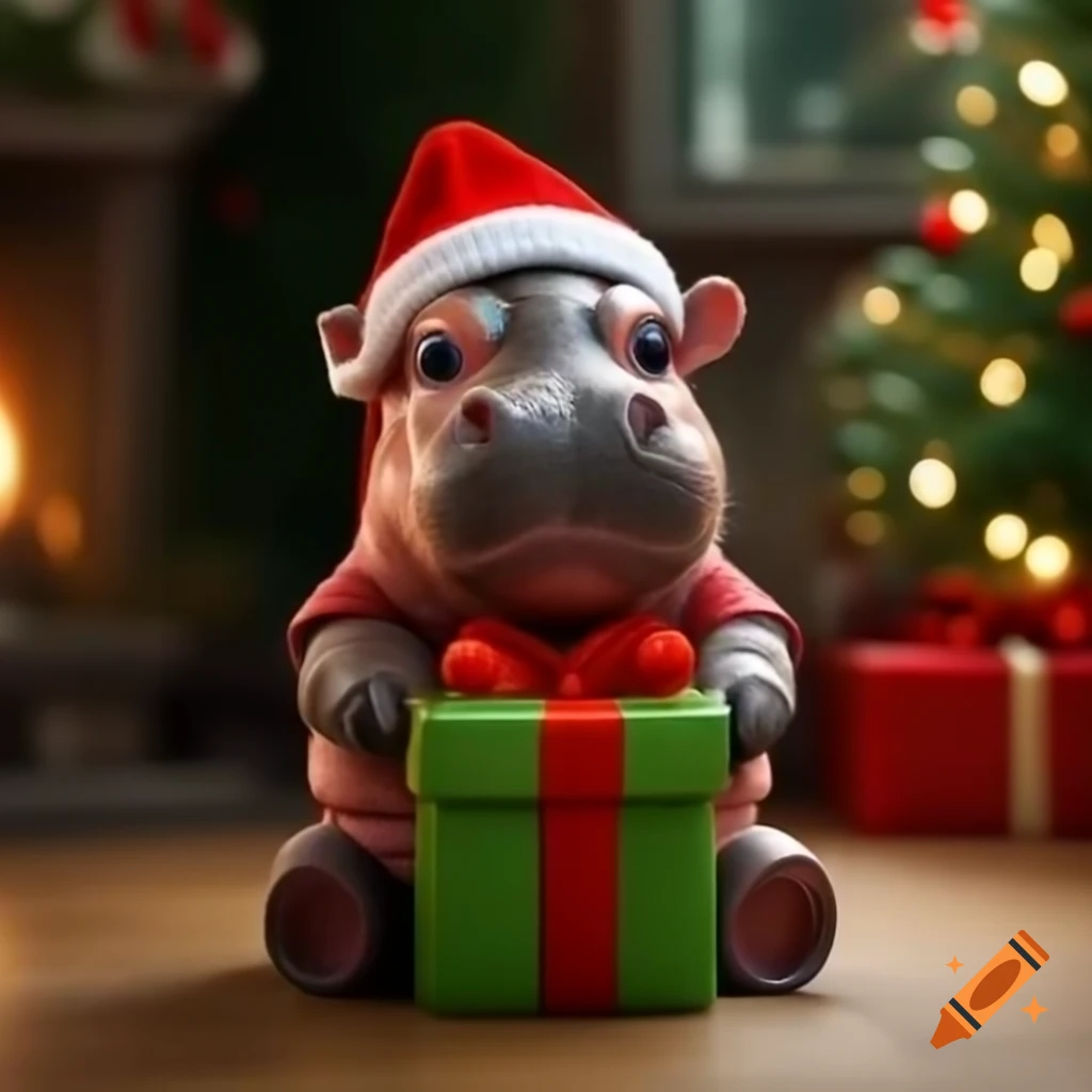 Cute baby hippopotamus wearing beanie hat and holding Christmas present