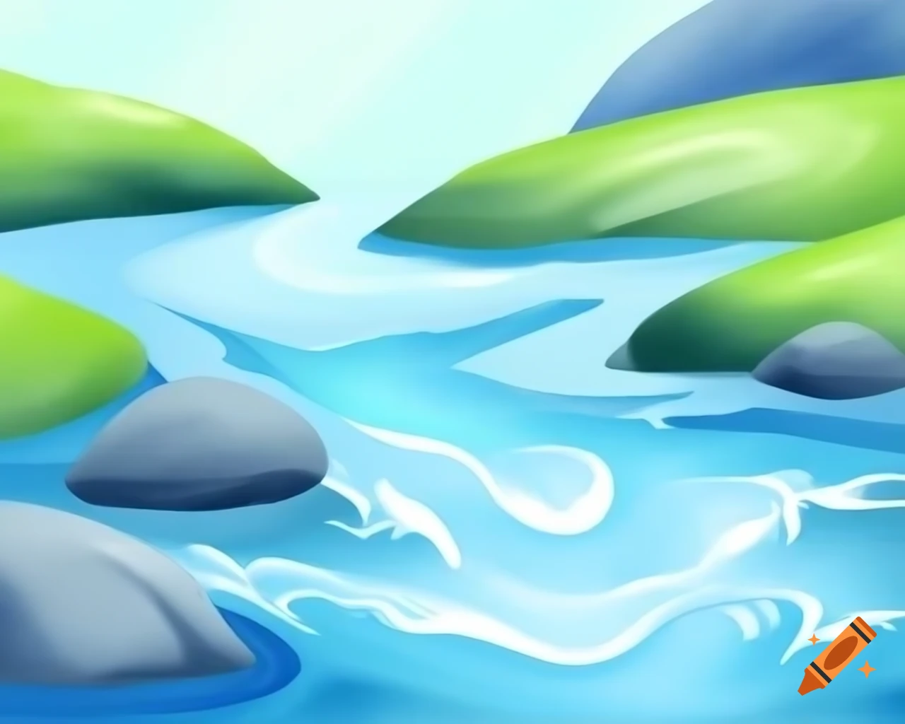 Cartoon-style watercolor creek in blue green and sandstone shades