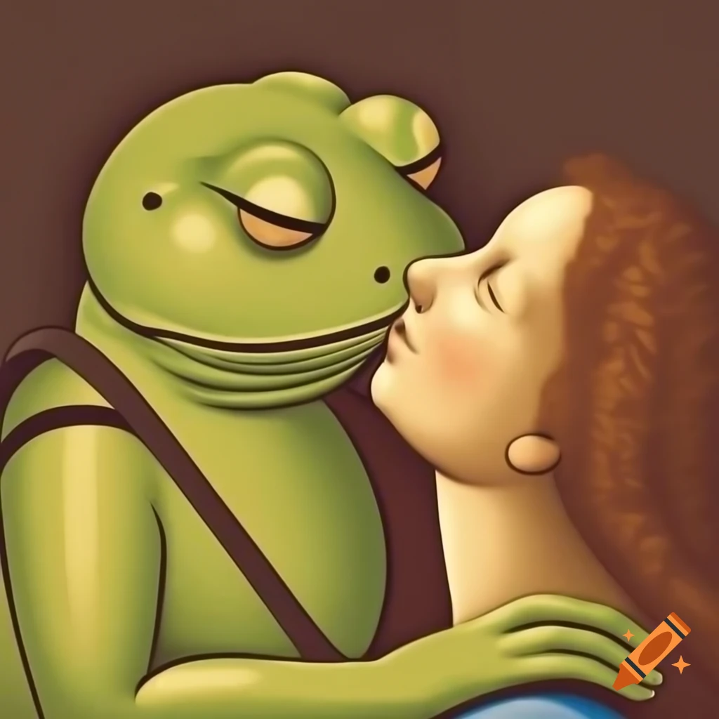 Vintage oil painting of a frog and woman in a kiss, inspired by Durer