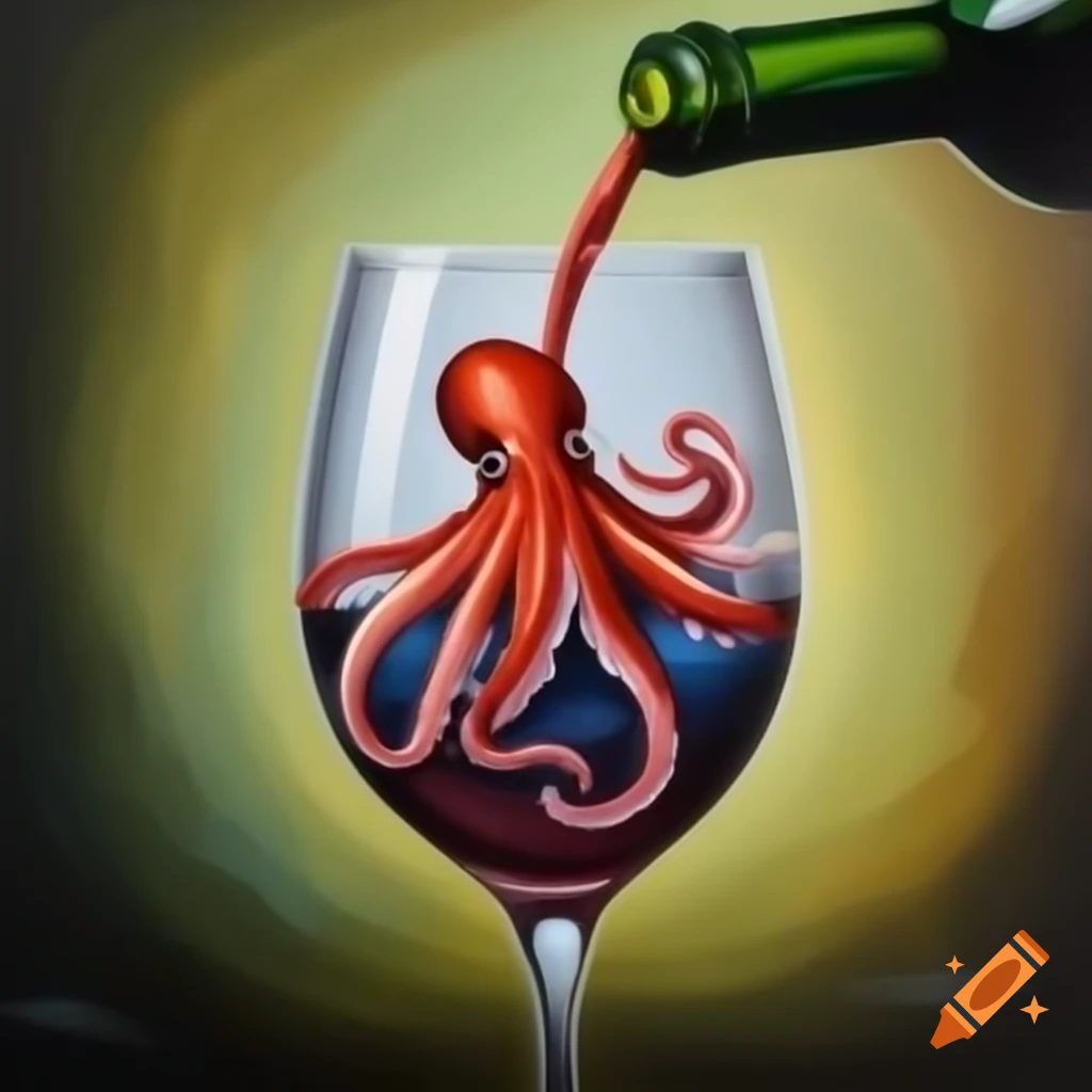 Octopus in wine glass pouring wine on itself, inspired by Gautier