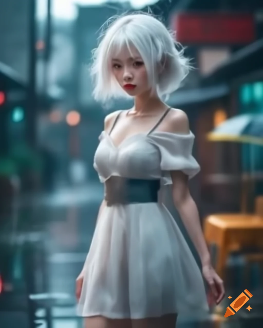 Anime character with white hair wearing a dress on a rainy day