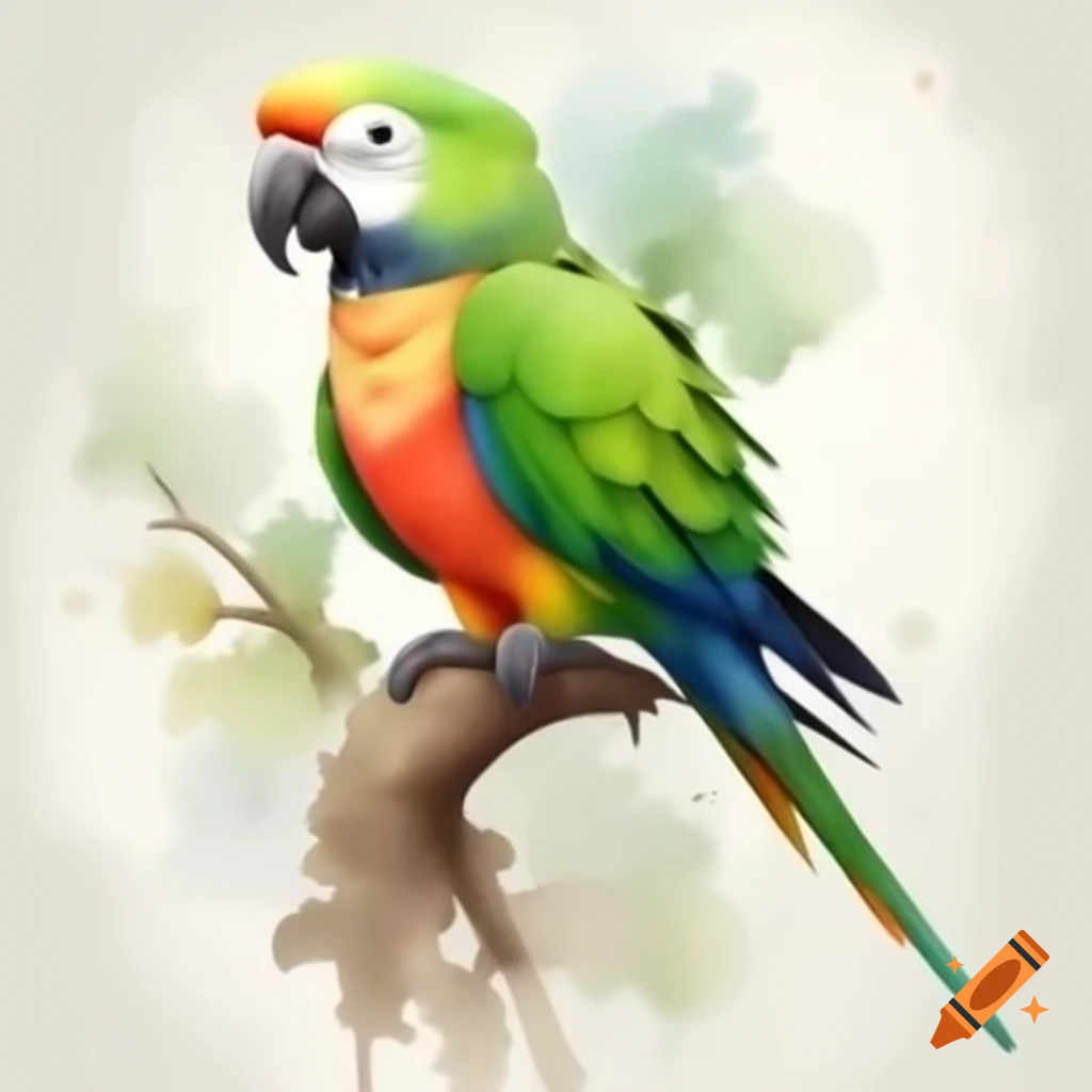 Cartoon style king parrot in watercolor shades of green, red, and orange perched on tree branch