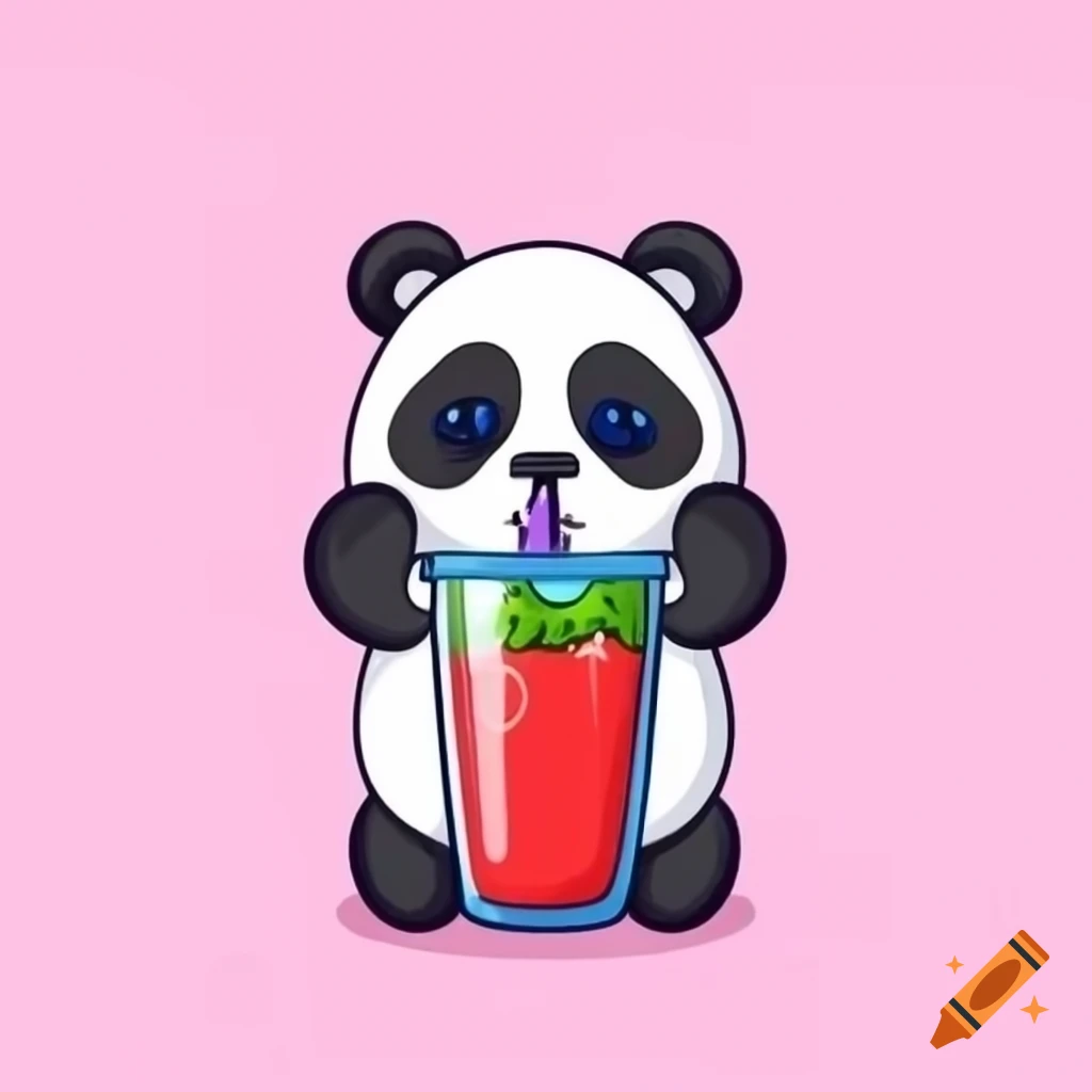 Cartoon panda bear enjoying a strawberry drink