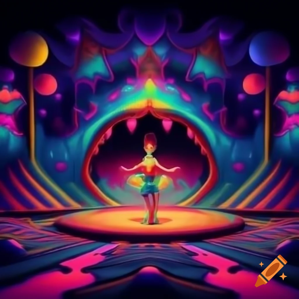 Surreal and colorful circus scene with a trippy vibe
