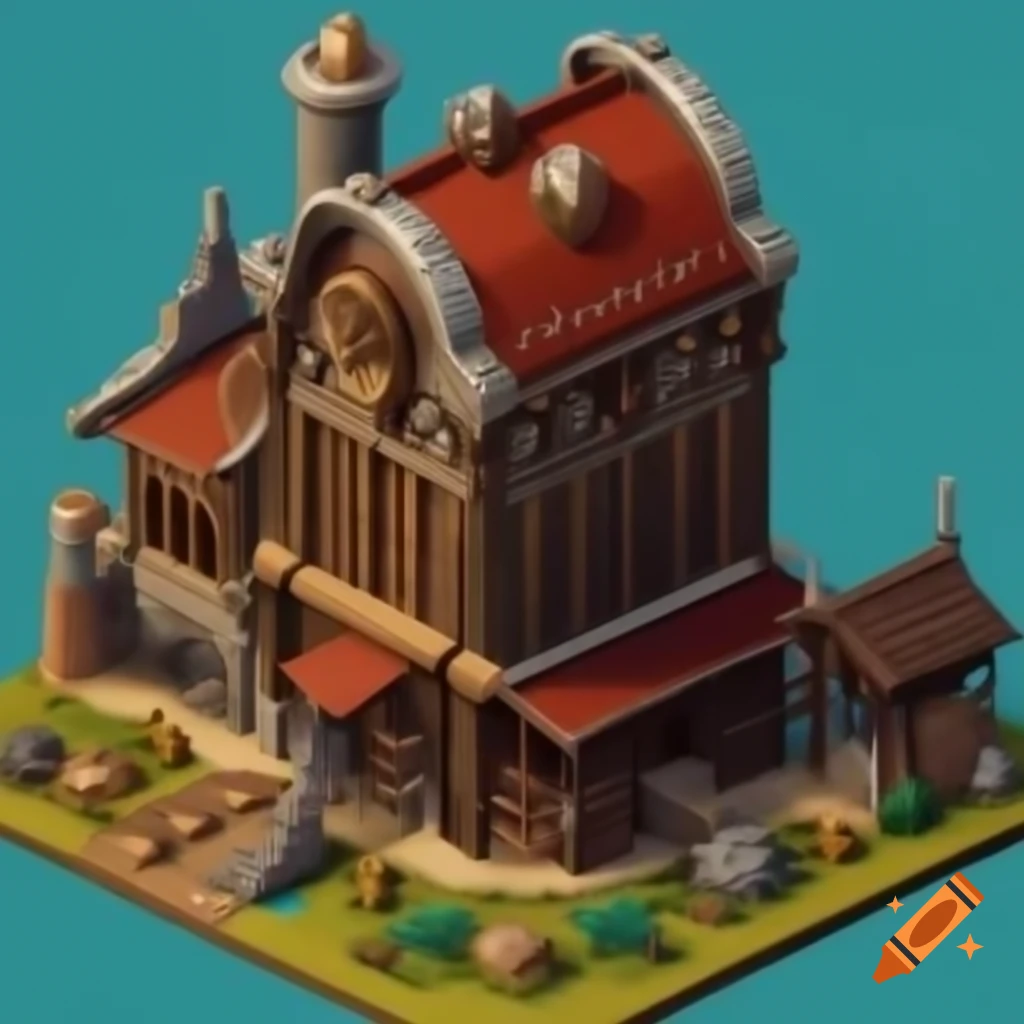 Isometric medieval brewery in fantasy and baroque style