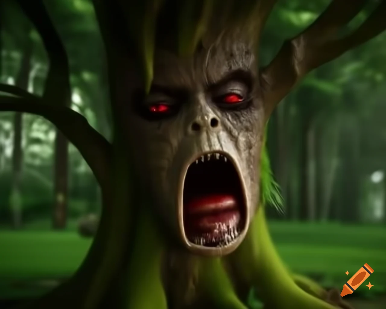 Creepy human face made of tree bark in woods, with red mouth and trees on body