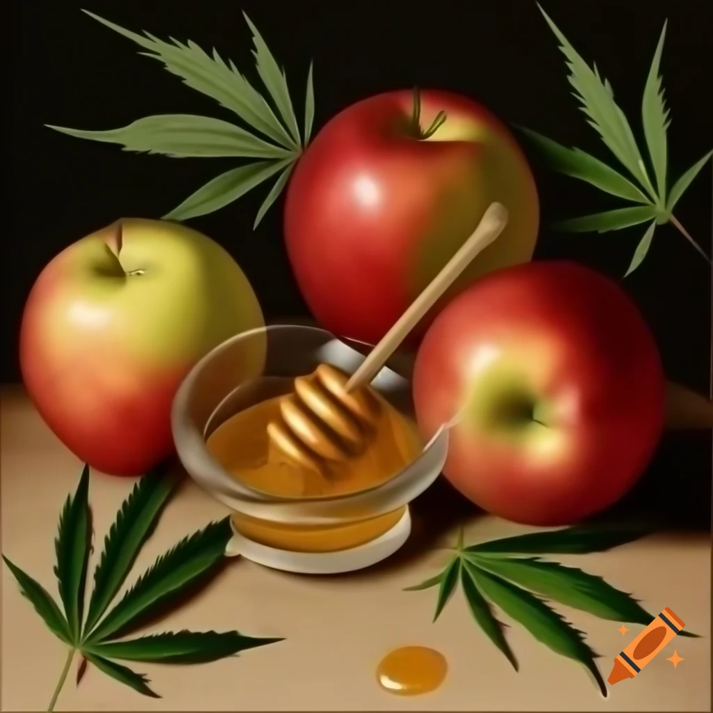 Renaissance painting of apples, honey, and marijuana leaves