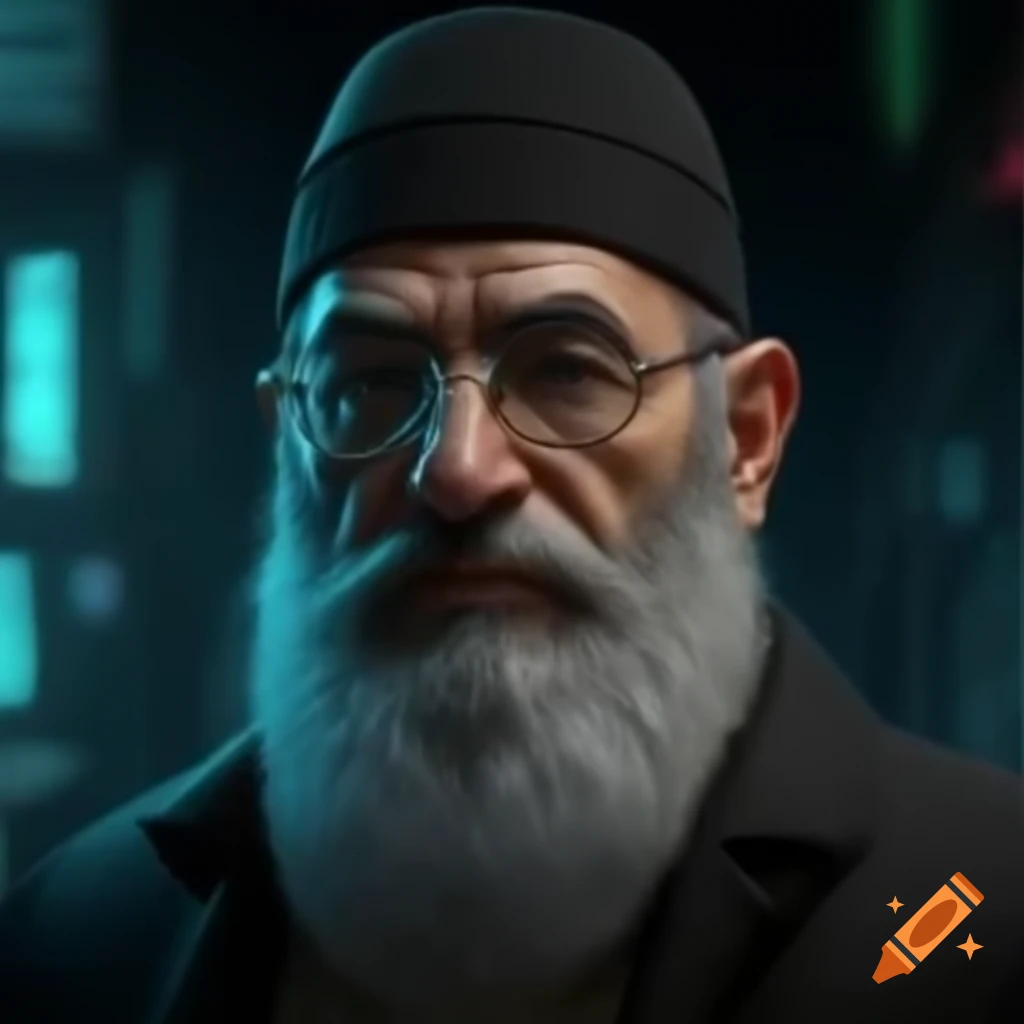 Cyberpunk themed rabbi character with futuristic elements on craiyon