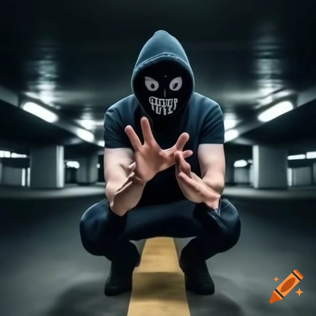Masked figure in underground parking garage making hand gestures in full length portrait