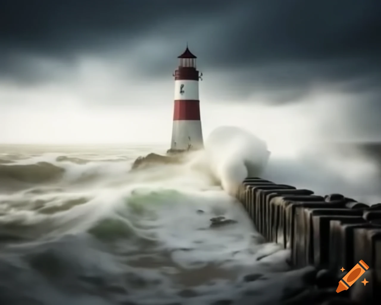 Lighthouse on shore during storm with crashing high waves