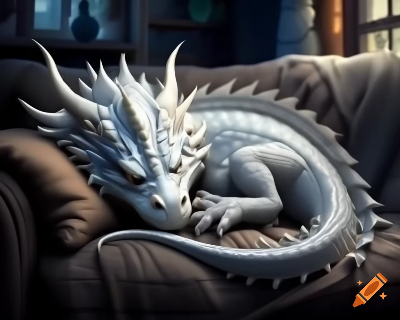 White dragon sleeping on couch in cozy living room