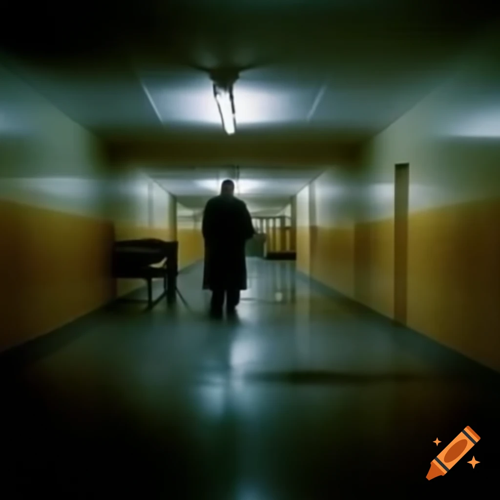 Man navigating eerie backrooms in VHS quality 1990s found footage style