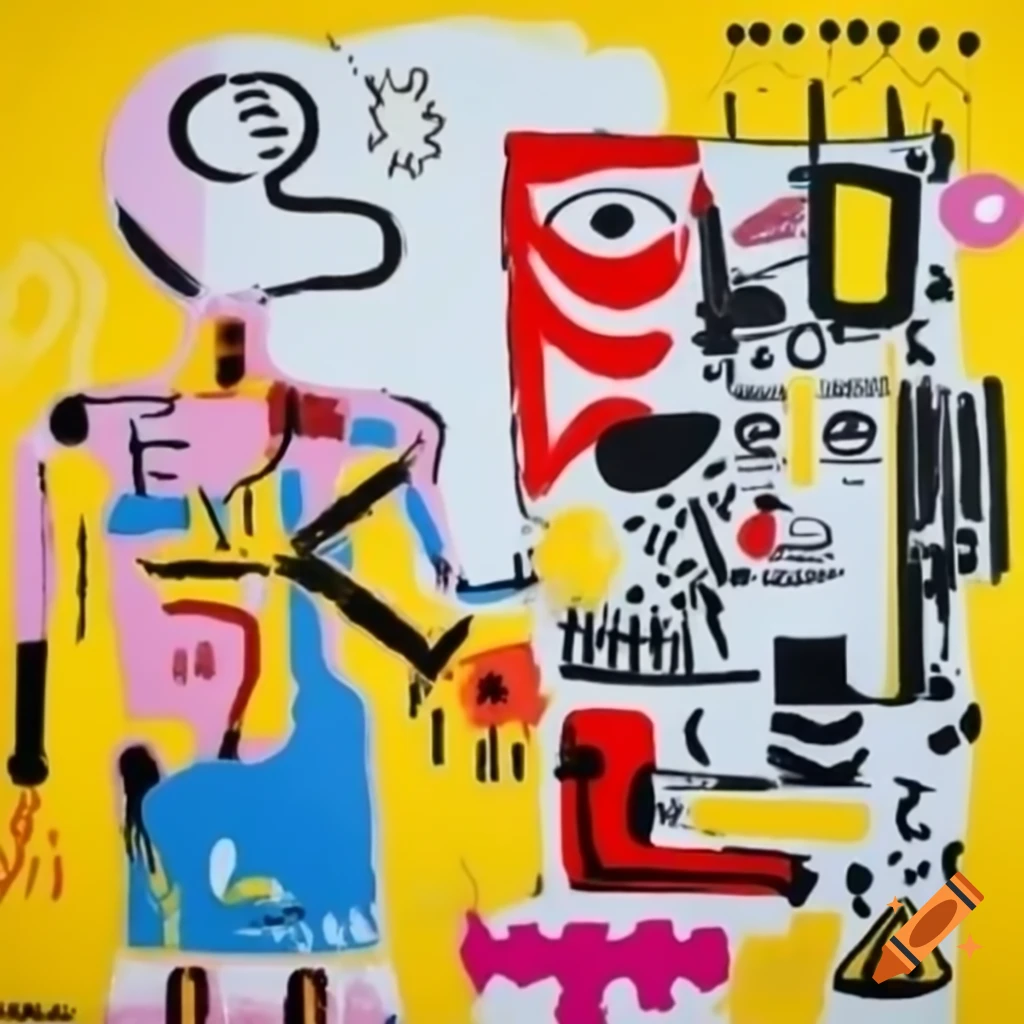 Zoo scene painted in style of Jean-Michel Basquiat and Wifredo Lam