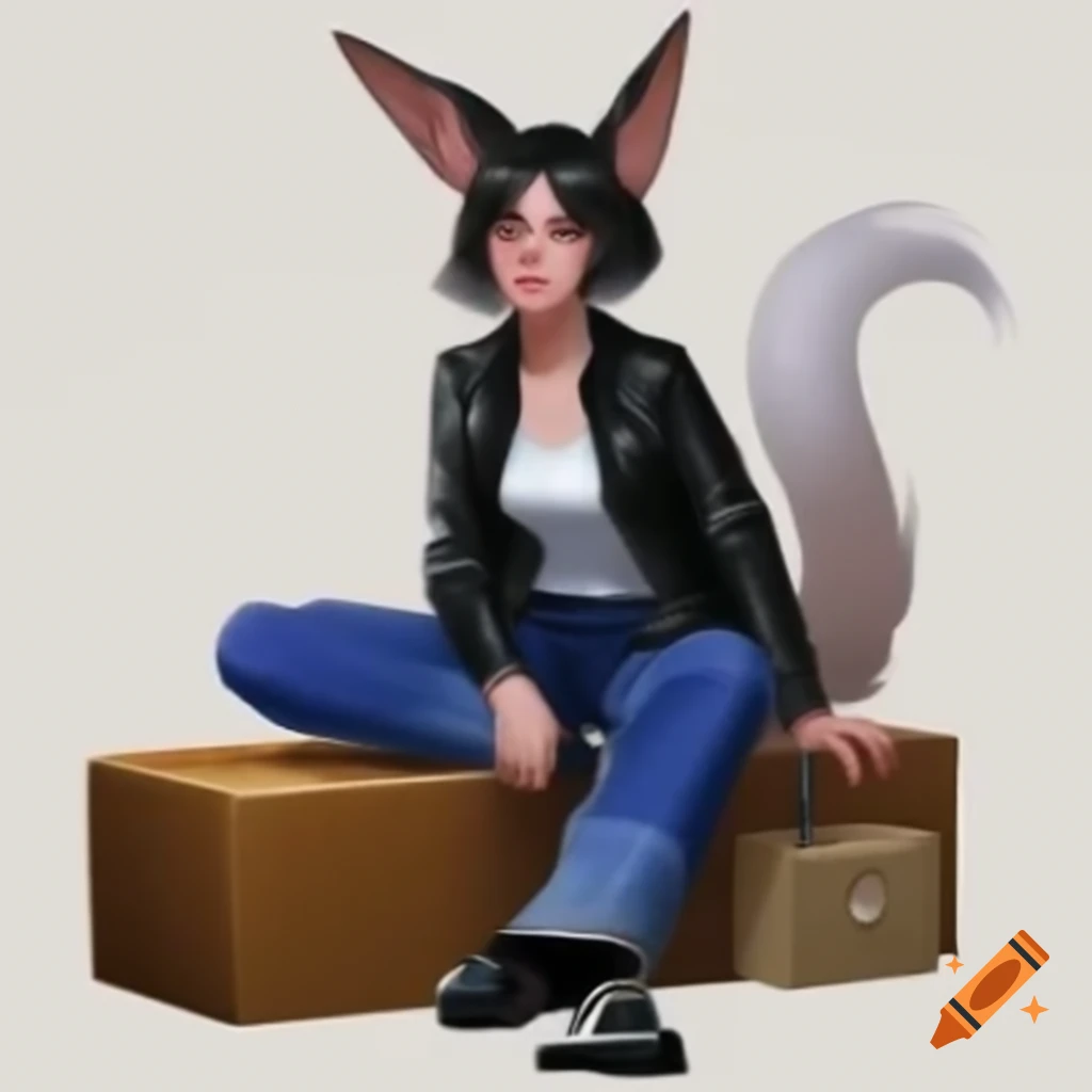 Anime character with dog ears and tail in leather jacket sitting on box