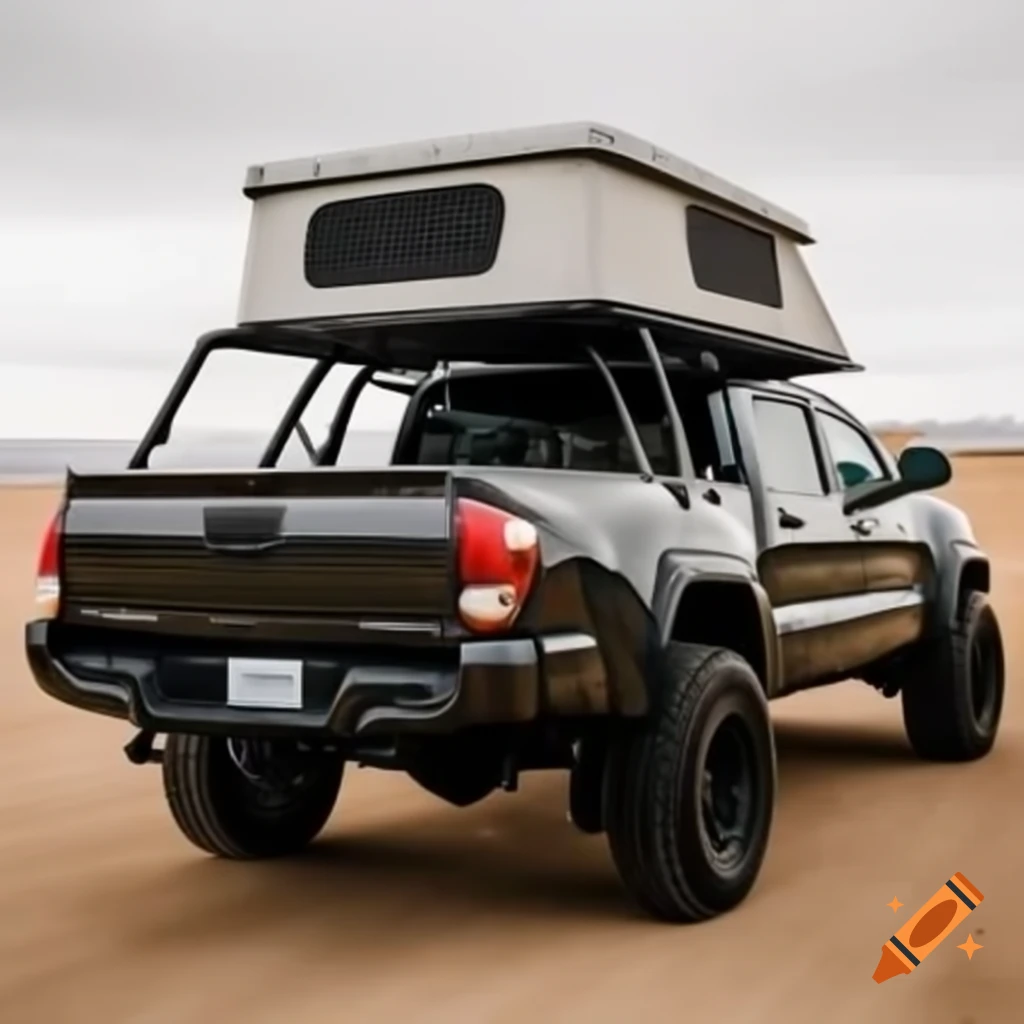 2017 black Toyota Tacoma with roof rack and rooftop tent