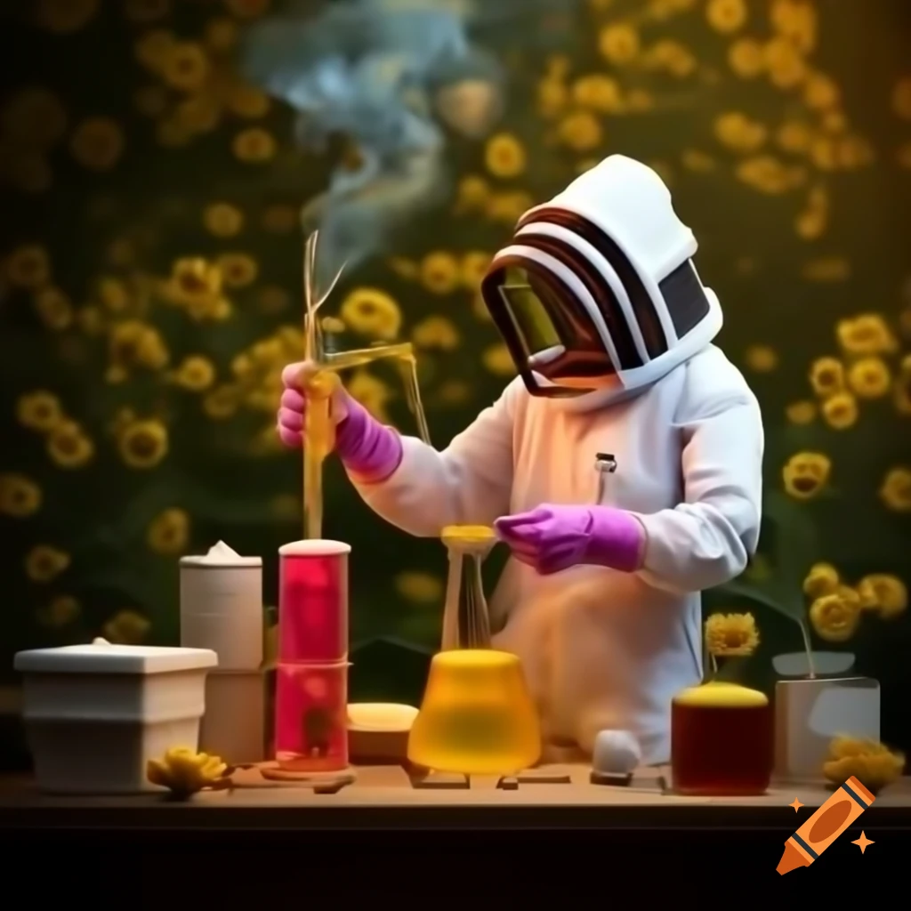 Scientist in lab coat mixing beakers with yellow and pink liquids and smoke