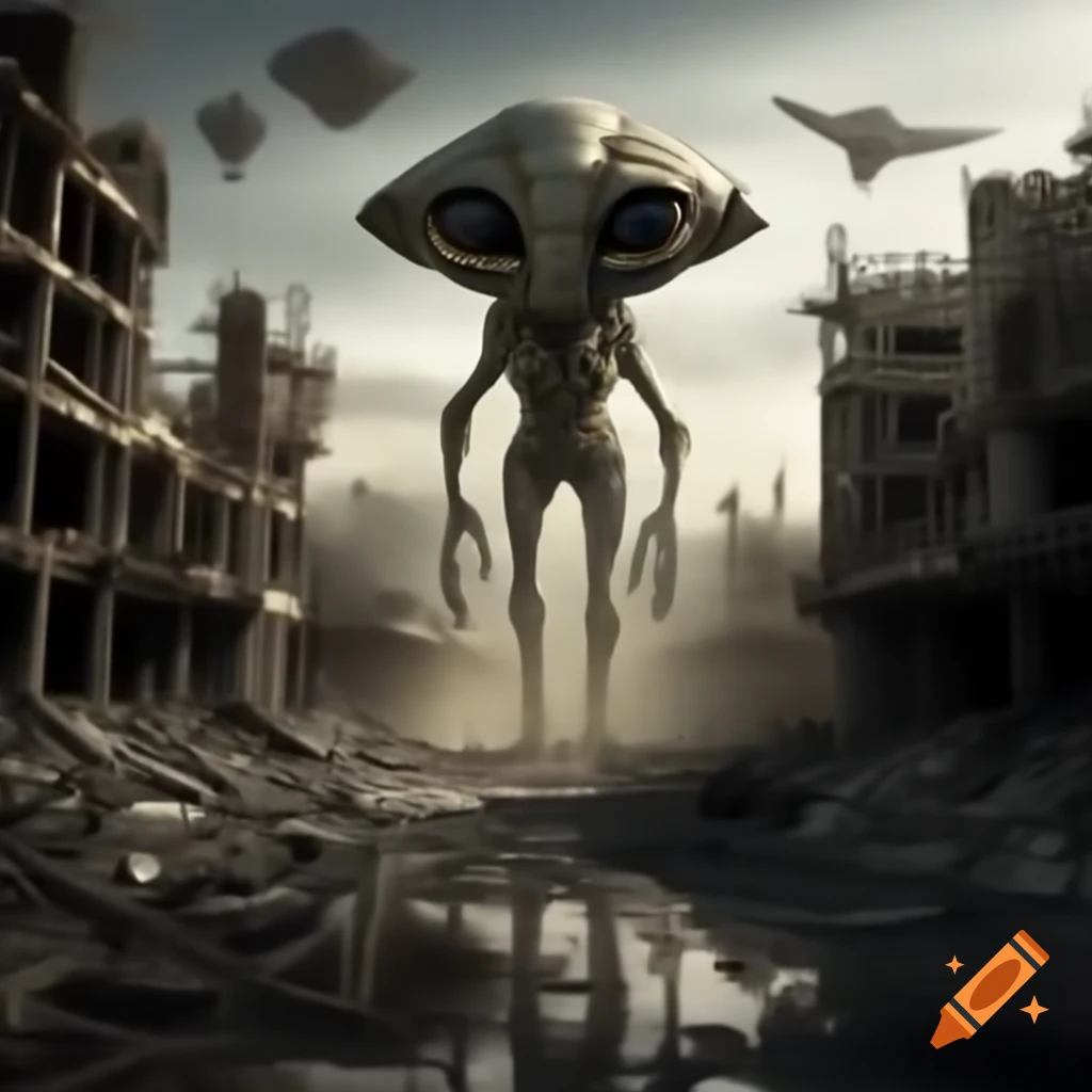 Realistic alien invasion scene with flying saucers and destroyed buildings