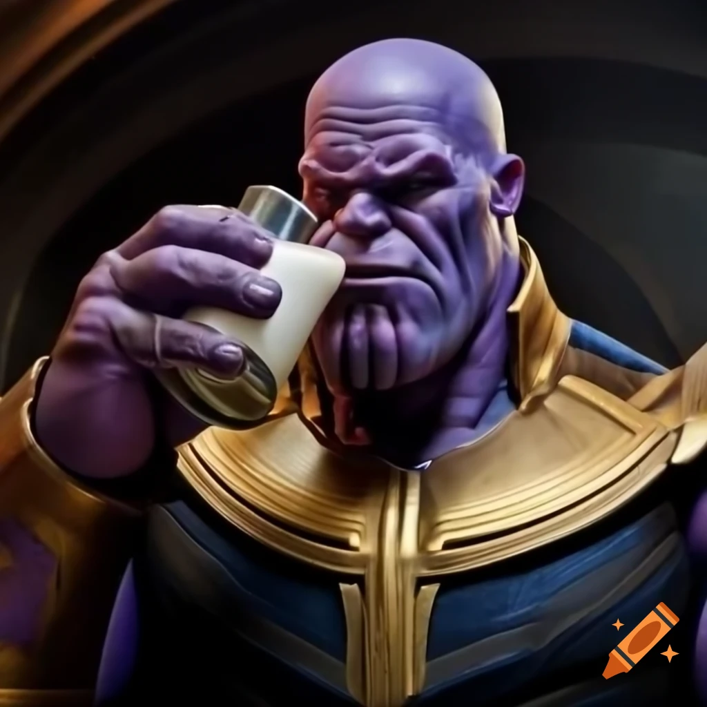 Thanos character enjoying a glass of milk