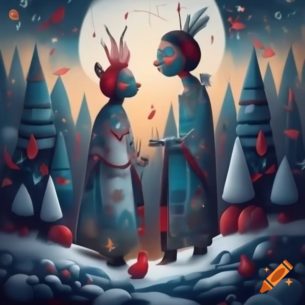 Panoramic illustration of Christmas forest scene blending Salish and Russian fairytale motifs with evergreens
