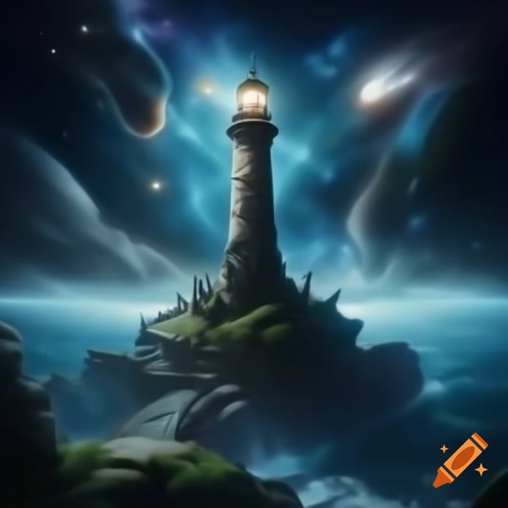 Towering lighthouse on cliff under starry sea, guiding ethereal ships