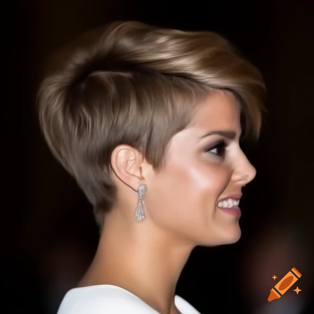 Princess Madeleine showcasing a short pixie cut hairstyle