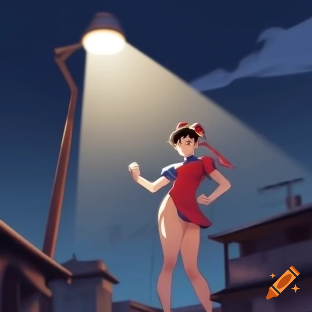 Anime depiction of Chun-li from Street Fighter with akimbo pose in front of floodlight