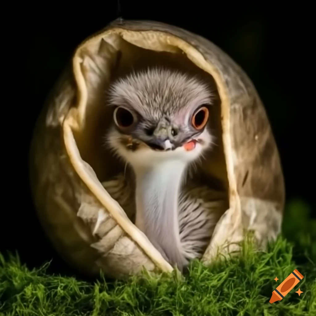 Alien ostrich emerging from a cocoon