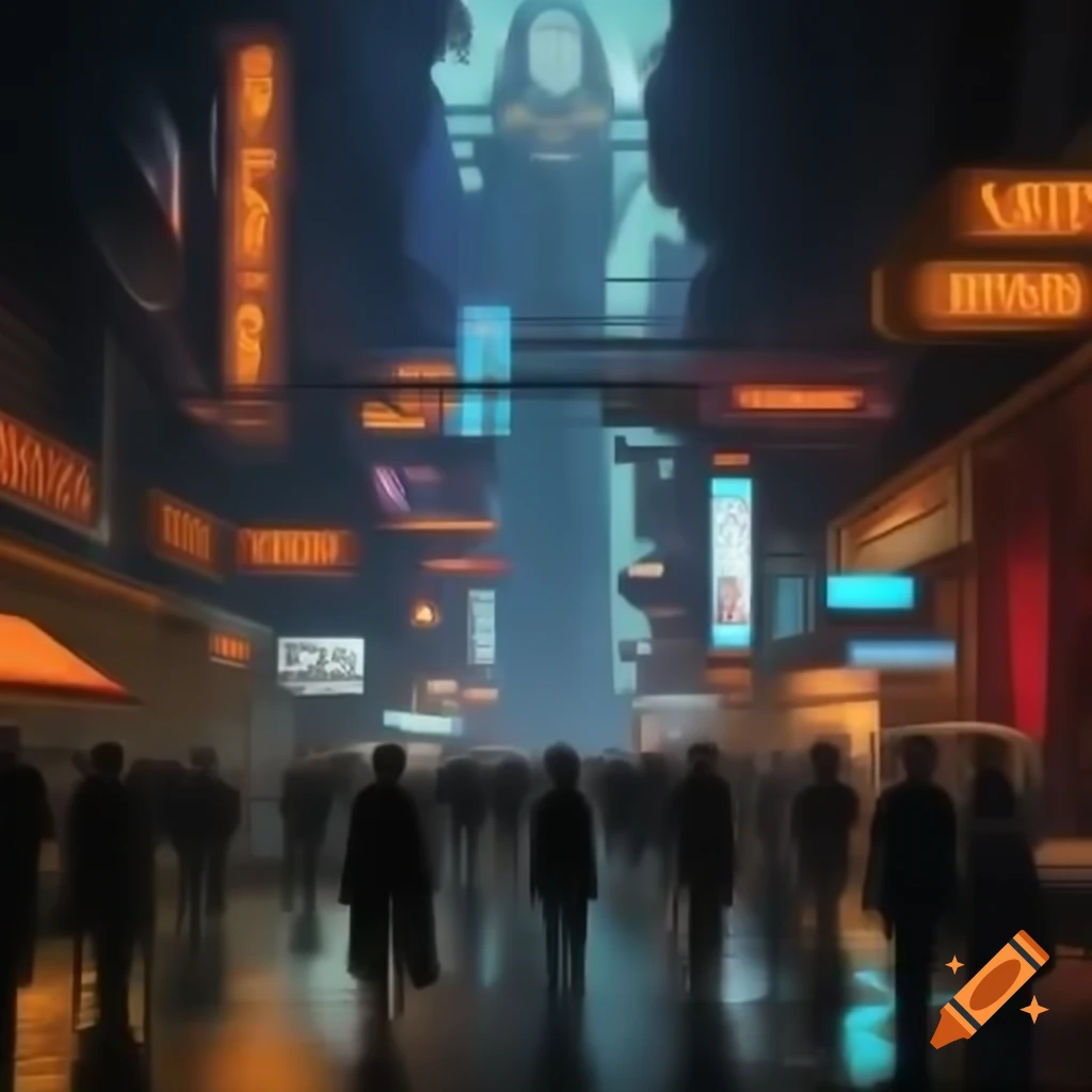 Bustling cyberpunk street with Baroque aesthetics and neon lights