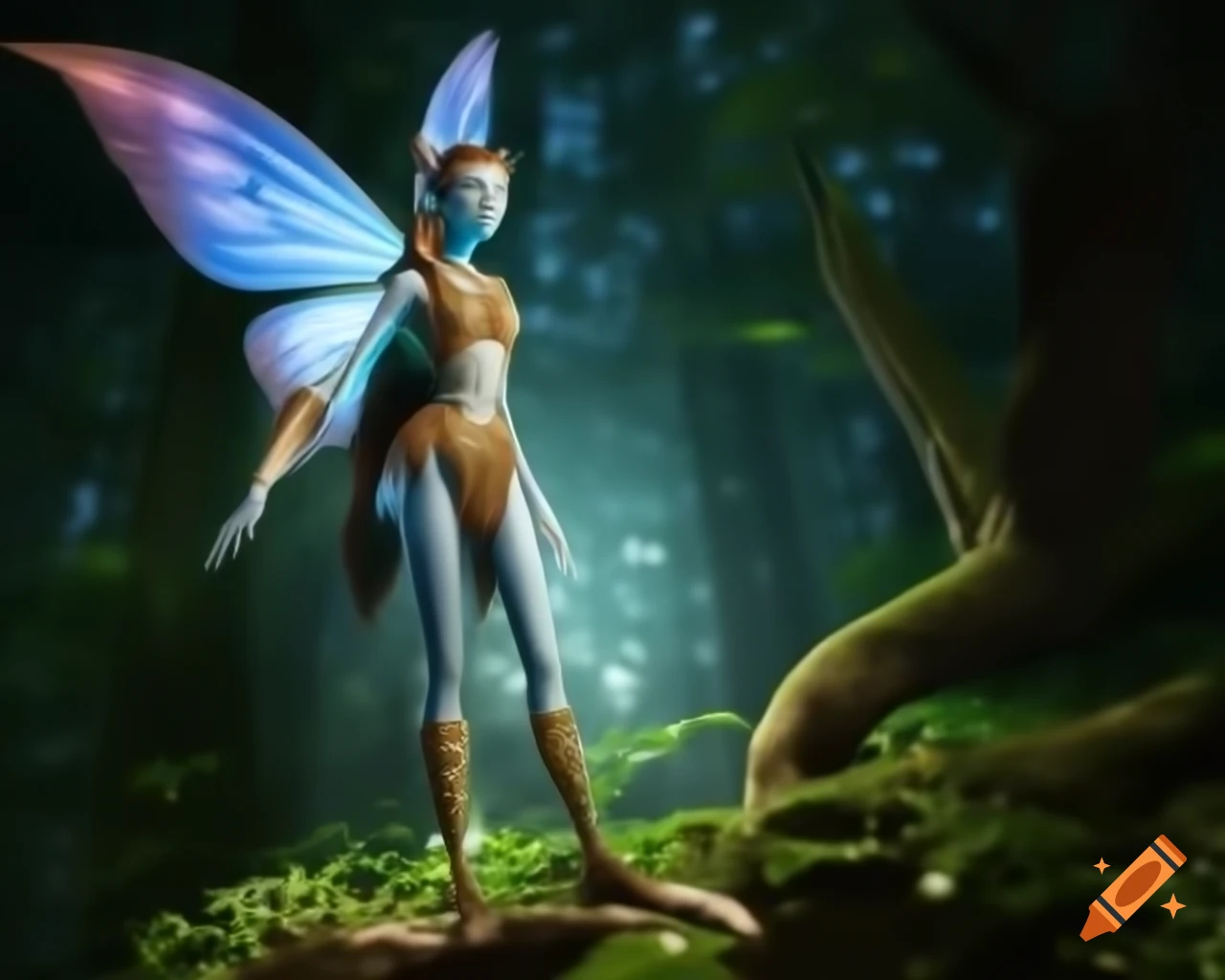 Photorealistic 3D render of a fairy next to a tree in a forest