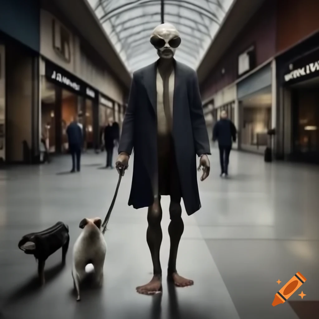 Alien character resembling Slenderman walking through mall with unique footwear, inspired by Banksy and Matt Gröning