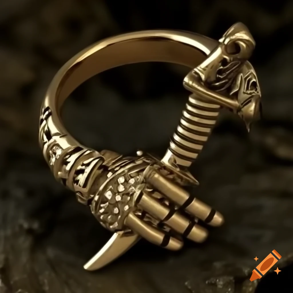 Jewellery ring designed with sword motifs, showcasing sharp edges