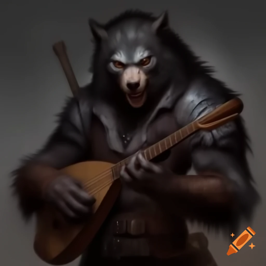 Werewolf bard with deformed arm playing a lute