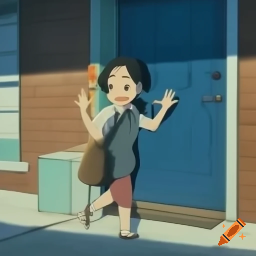 Anime character waving from front door step