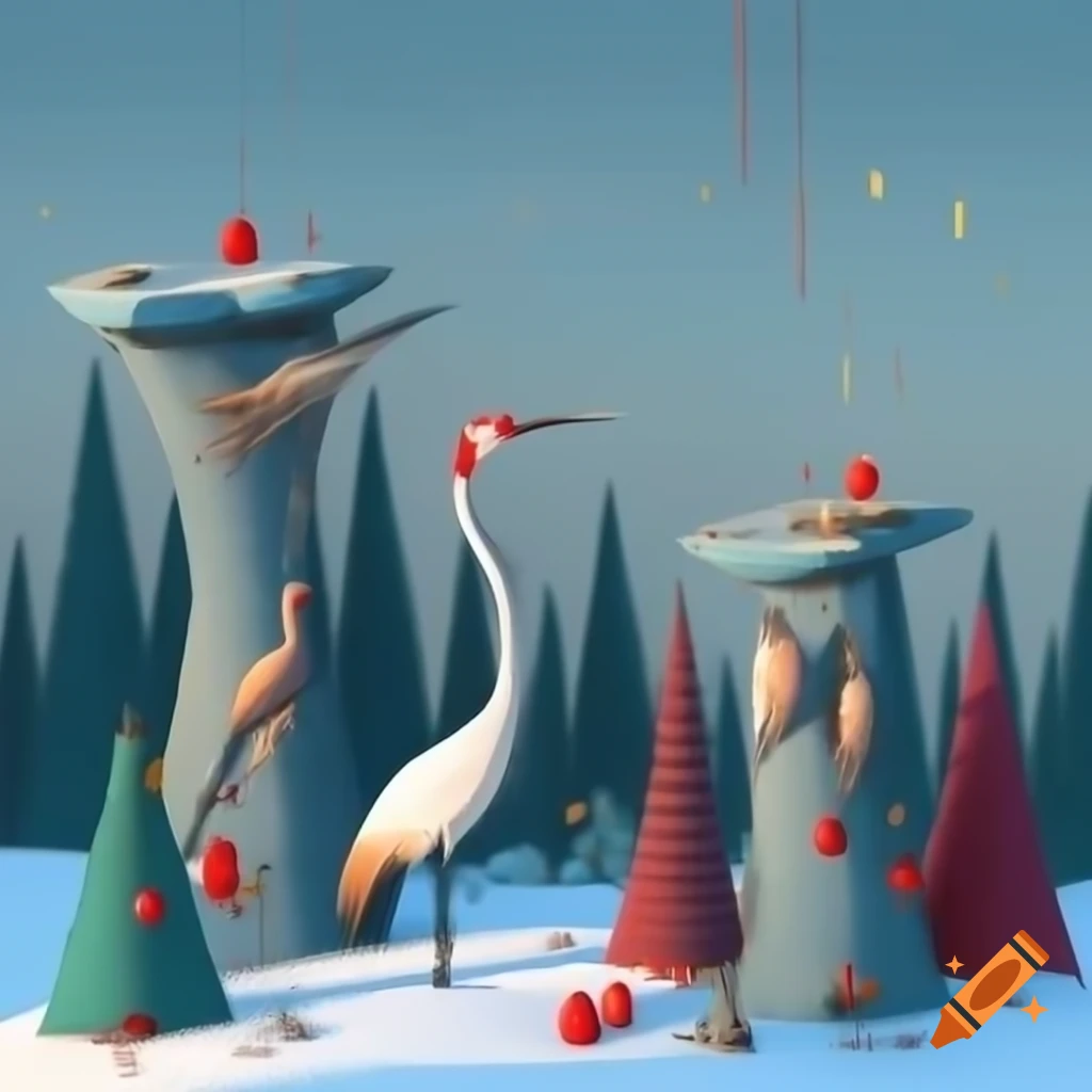 Panorama illustration of Christmas forest scene with Native Salish and Russian fairytale motifs
