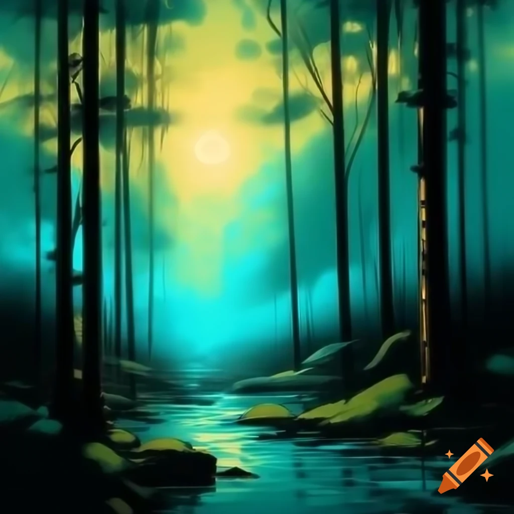 Atmospheric forest in golden hour, Qajar Art style with turquoise and teal