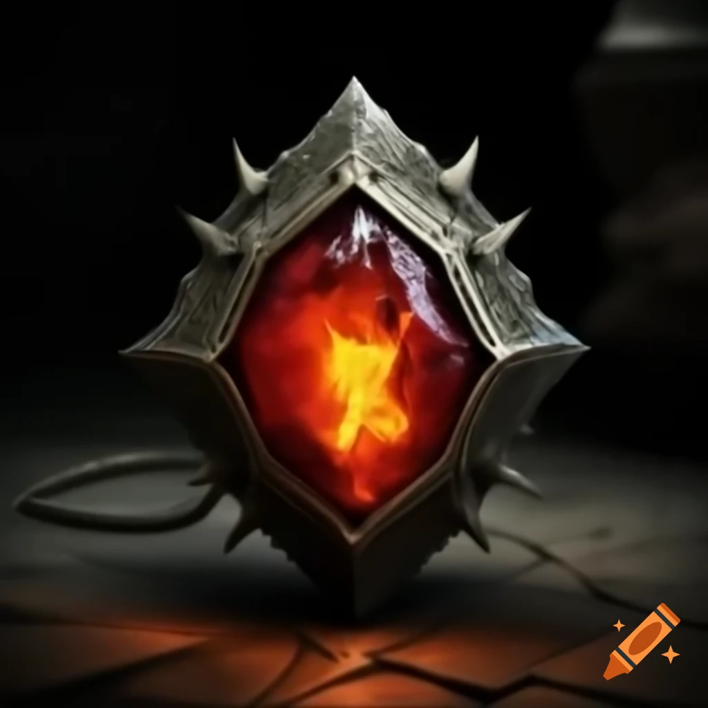 Tarnished metal amulet with a dark hue and slight reddish tint