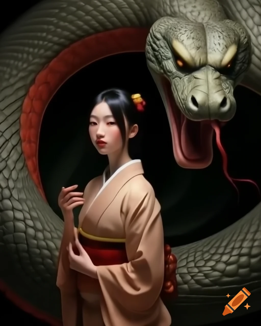Woman in kimono observing giant snake, hyper-realistic style