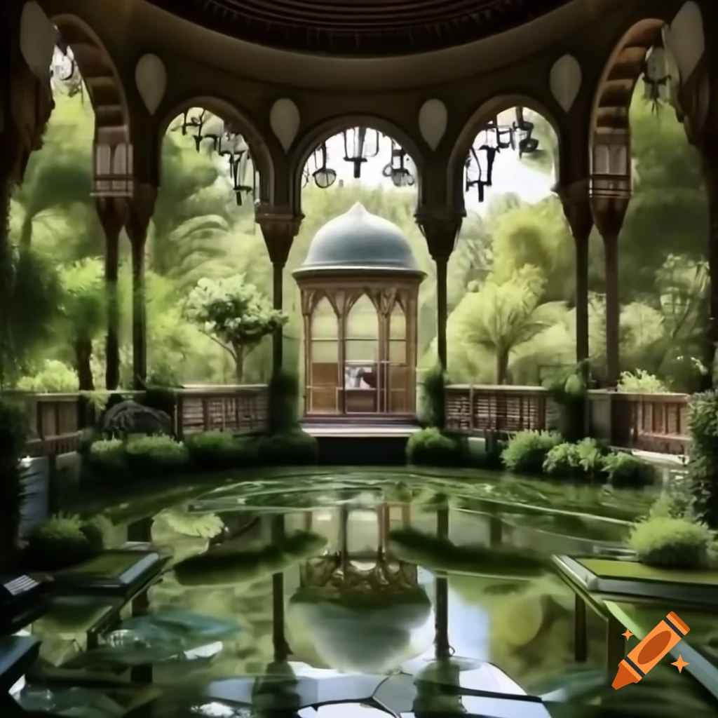 Lush garden with high trees, pond, fountain, baroque stairway, and Islamic artful window