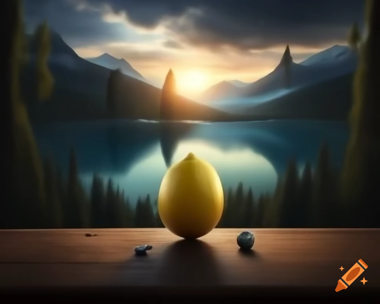 Surreal sculpture of Lemon Monster with human features in forest setting