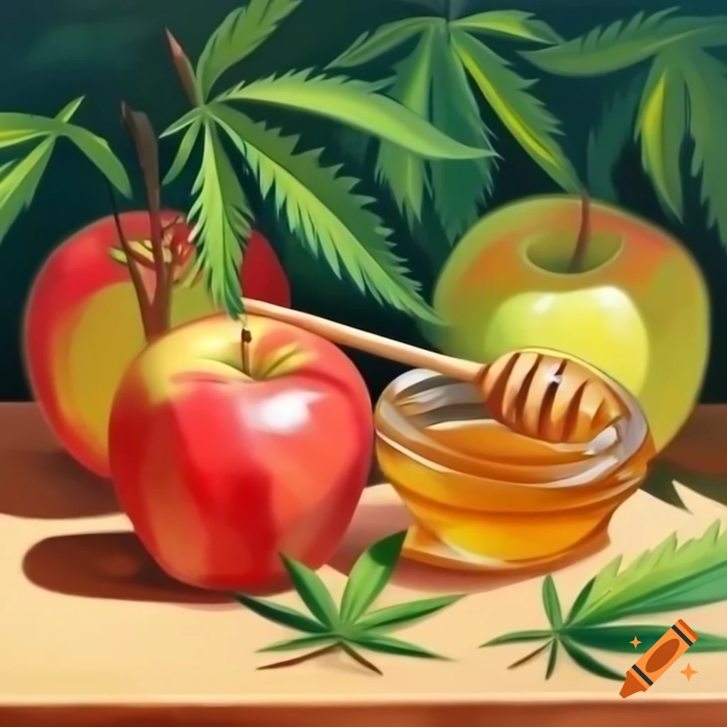 Impressionist painting of apples, honey, and marijuana leaves
