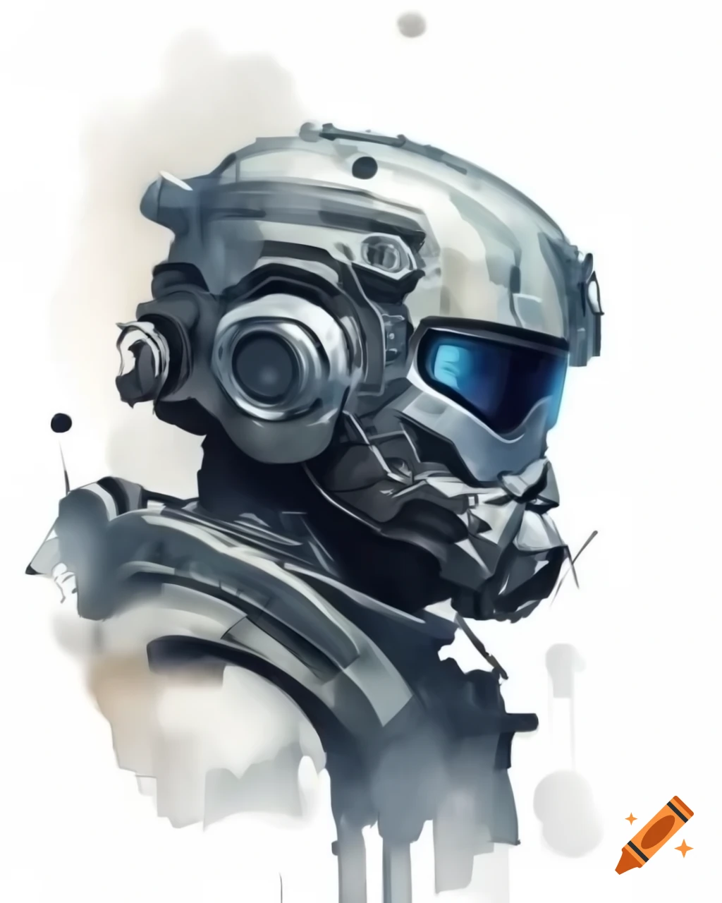 Sci-fi soldier in black armor holding rifle, digital art close-up