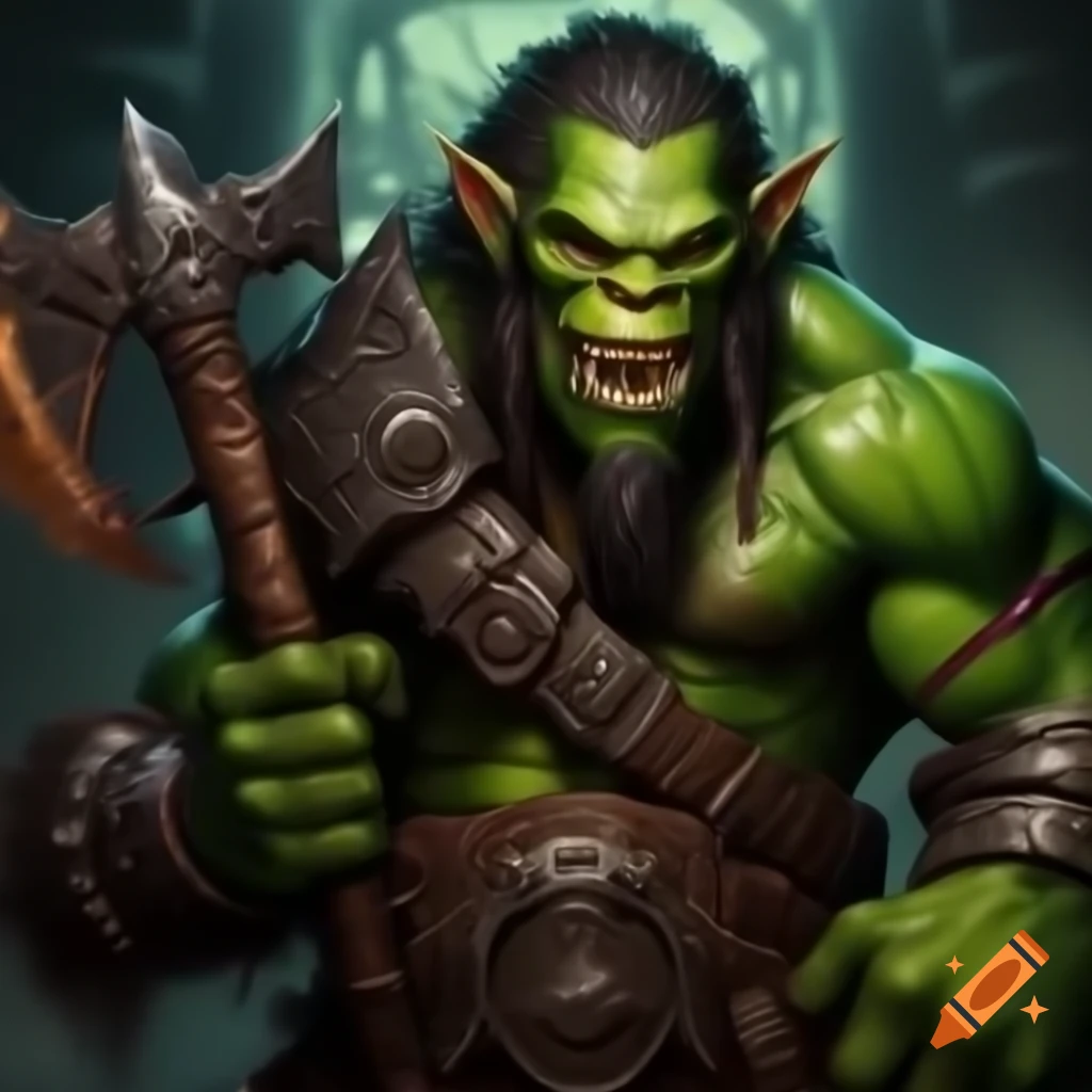 Male half-orc barbarian with green skin holding ornate black battle axe