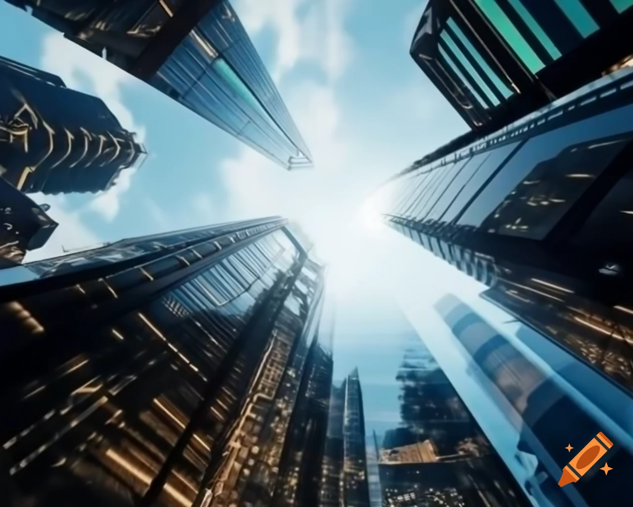 Futuristic cityscape with glass buildings, holographic ads, and flying cars