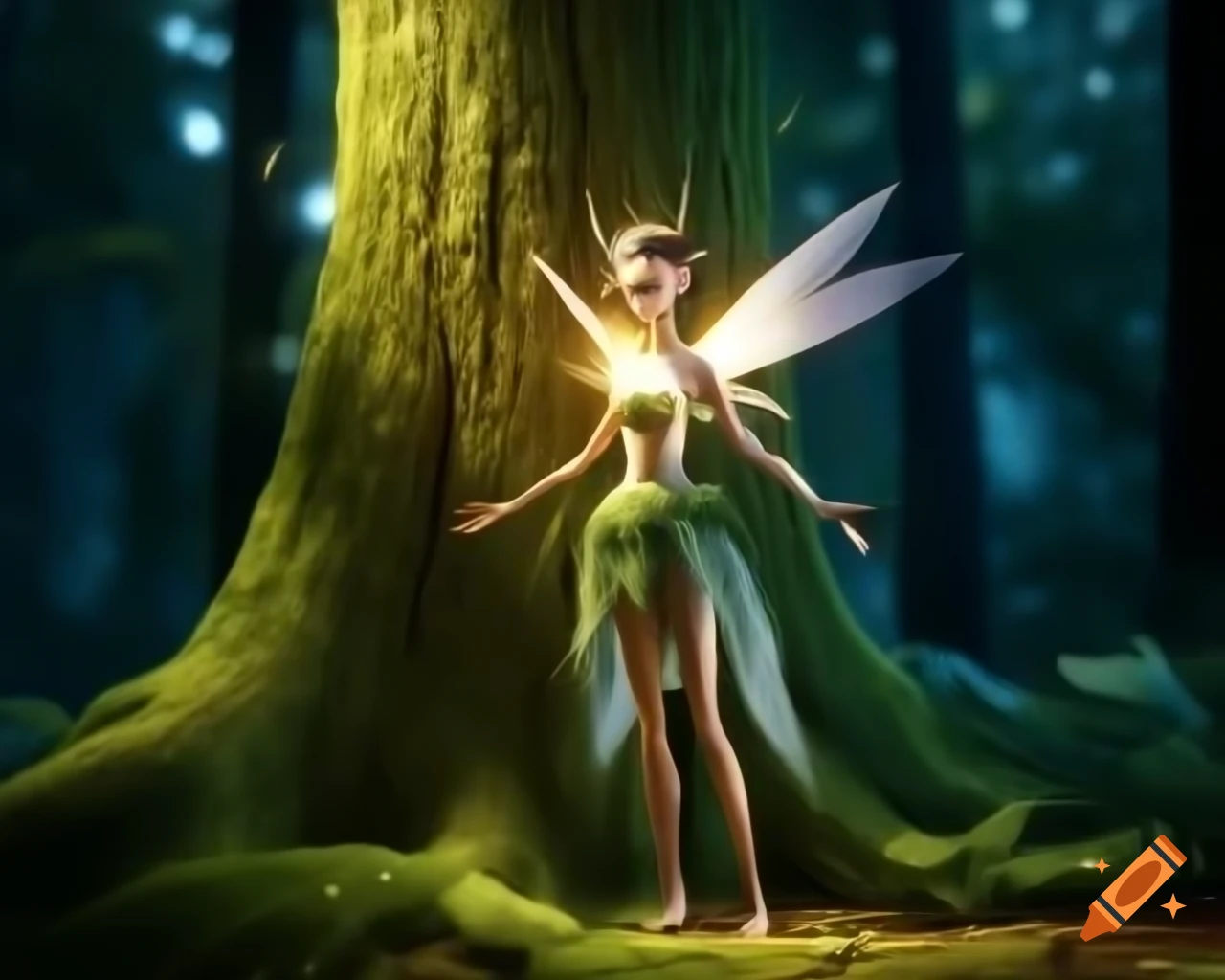 Photorealistic 3D render of fairy beside tree in forest using raytracing